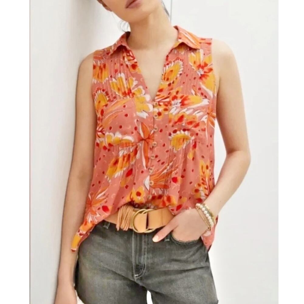 VERA for ANTHROPOLOGIE Floral Pintuck Button-Front Sleeveless Blouse Size S
